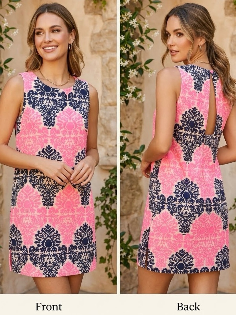 Monteau Sleeveless Open Back Printed Shift Dress Pink Black White
